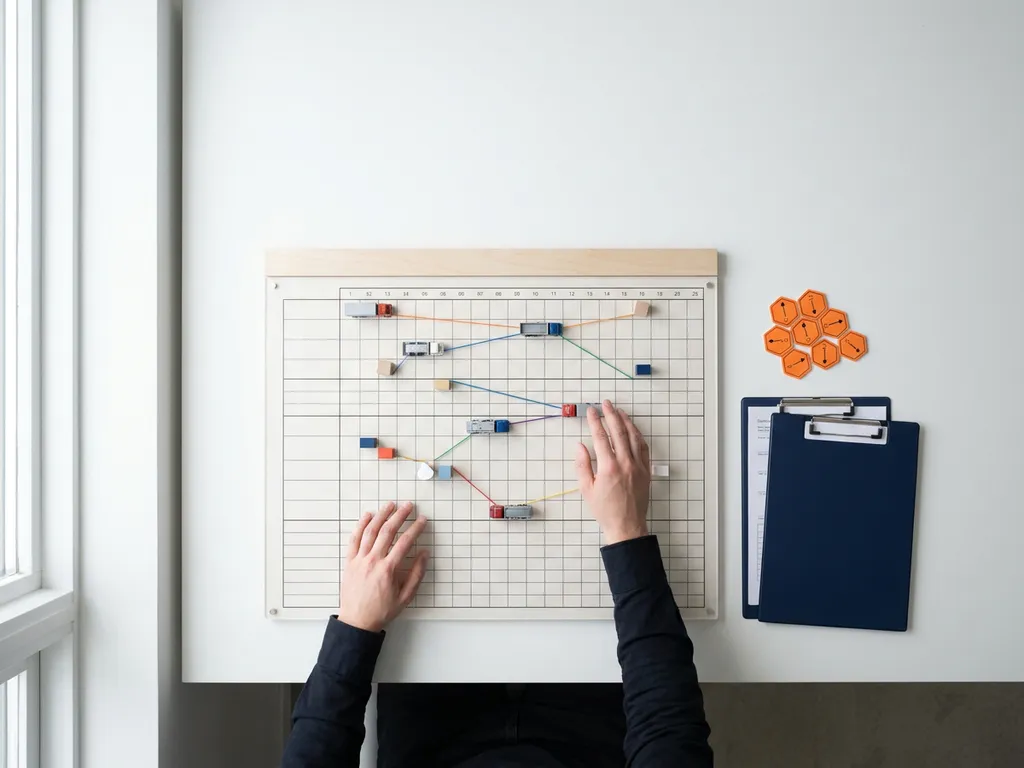 Handen van transportplanner boven planningsbord met miniatuurvrachtwagens in routes, donkerblauw klembord naast oranje routemarkeringen op wit bureau.