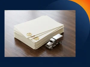Gestapelde certificeringsdocumenten met reliëfzegels naast een zilveren miniatuurvrachtwagen op een donker gepolijst oppervlak