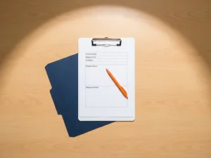 Wit klembord met vacatureformulier op gepolijst bureau, oranje pen diagonaal geplaatst, marineblauw mapje zichtbaar, natuurlijk licht door industriële ramen.