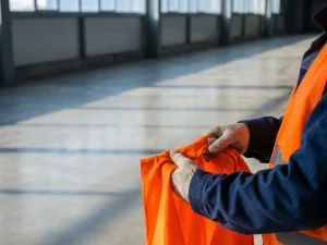 Verweerde handen passen een oranje veiligheidsvest aan over een marineblauw magazijnuniform, ochtendlicht werpt schaduwen op betonvloer.