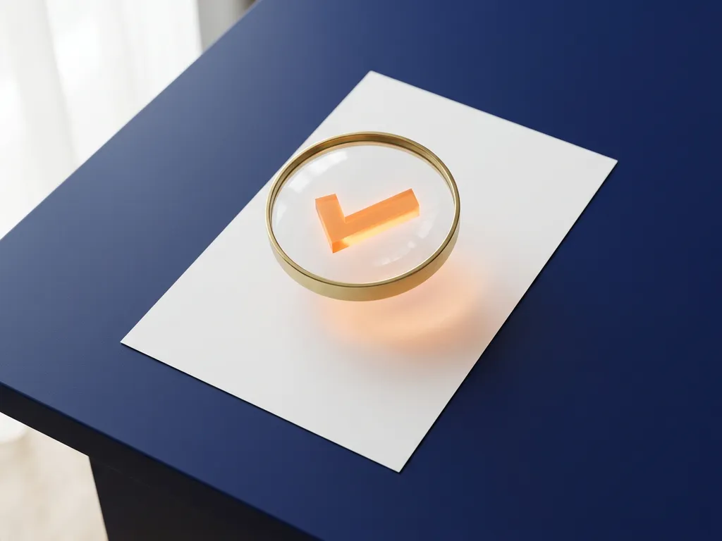 Vergrootglas met koperen rand boven wit document op marineblauw bureau, lens toont oranje vinkje in zacht natuurlijk licht.