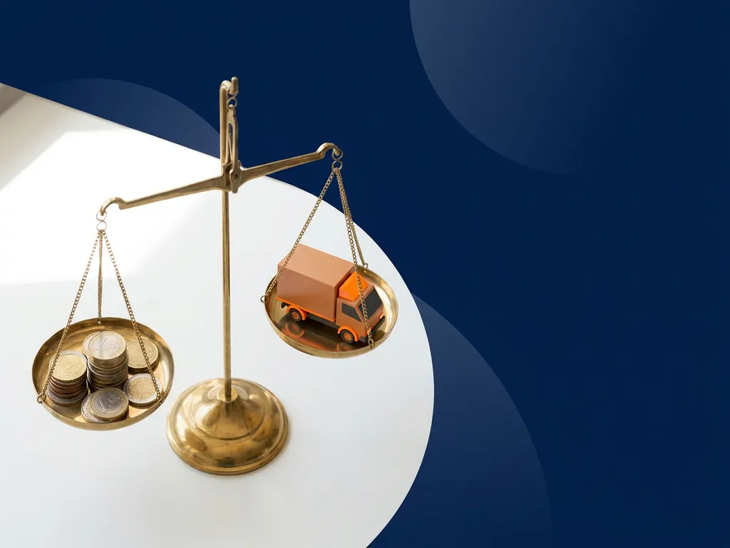 Koperen weegschaal met gestapelde euromunten en miniatuur oranje bezorgwagen op wit bureau, marineblauw achtergrond