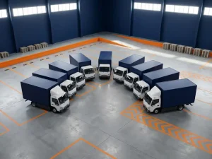Moderne bezorgwagens in gebogen formatie op industrieel laadperron met marineblauw magazijn en oranje veiligheidsmarkeringen.