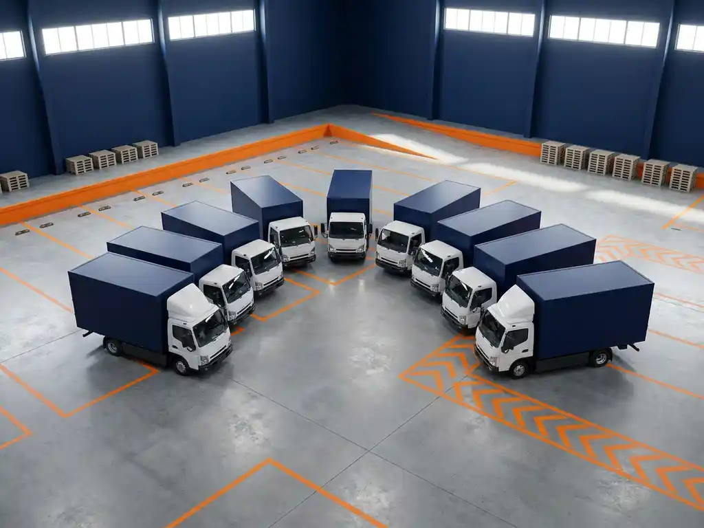 Moderne bezorgwagens in gebogen formatie op industrieel laadperron met marineblauw magazijn en oranje veiligheidsmarkeringen.