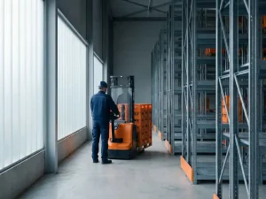 Heftruckchauffeur in donkerblauw uniform manoeuvreert oranje pallet door modern magazijn in Eindhoven met geometrische stellingen