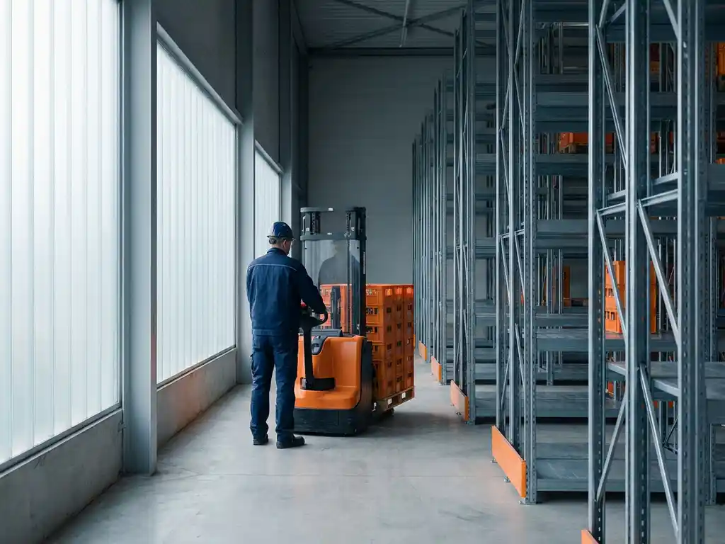 Heftruckchauffeur in donkerblauw uniform manoeuvreert oranje pallet door modern magazijn in Eindhoven met geometrische stellingen