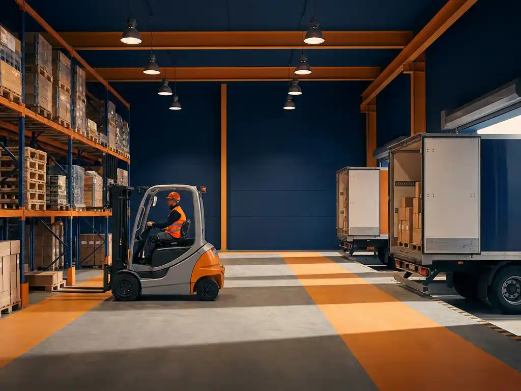 Heftruckoperator in veiligheidsvest bij hoge magazijnstellingen naast vrachtwagen aan laaddok in industriële ruimte