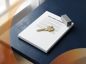 Koperen vrachtwagenschleutel op wit arbeidscontract, zilveren vrachtcontainer als presse-papier, marineblauw bureau met oranje accenten.