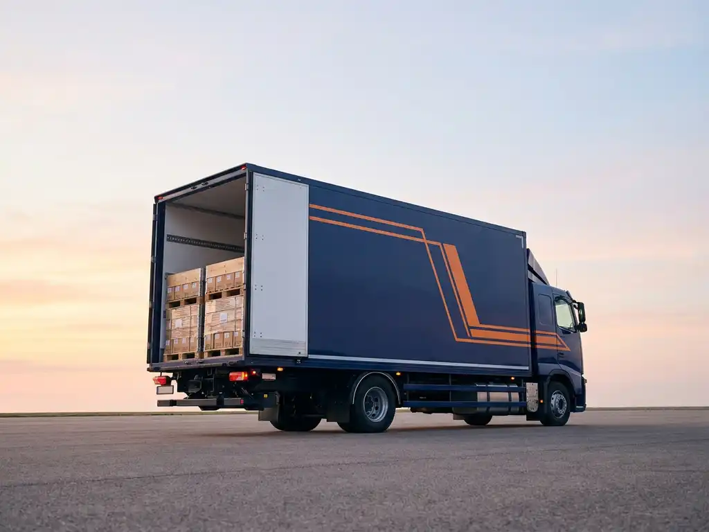 Vrachtwagentrailer met open deuren toont georganiseerde pallets, marineblauw met oranje accenten tegen ochtendhemel.