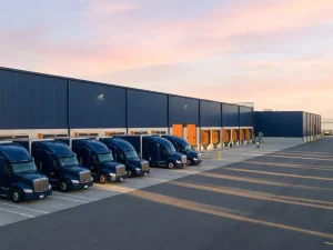 Rij glanzende vrachtwagens geparkeerd bij modern logistiek centrum met marineblauw magazijn en oranje laaddokdeuren in ochtendlicht.