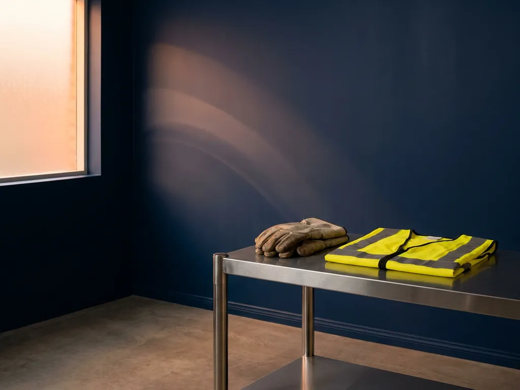 Werkhandschoenen en een reflecterend hesje op een stalen magazijnplank, verlicht door warm oranje licht door een matglazen raam.