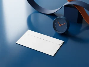 Witte envelop naast analoge klok met oranje wijzers op diepblauw oppervlak, minimalistische compositie met zachte schaduwen en geometrische vormen.