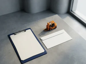 Witte envelop naast oranje vorkheftruck miniatuur op betonnen ondergrond, donkerblauw klembord met diagonale compositie in natuurlijk licht.